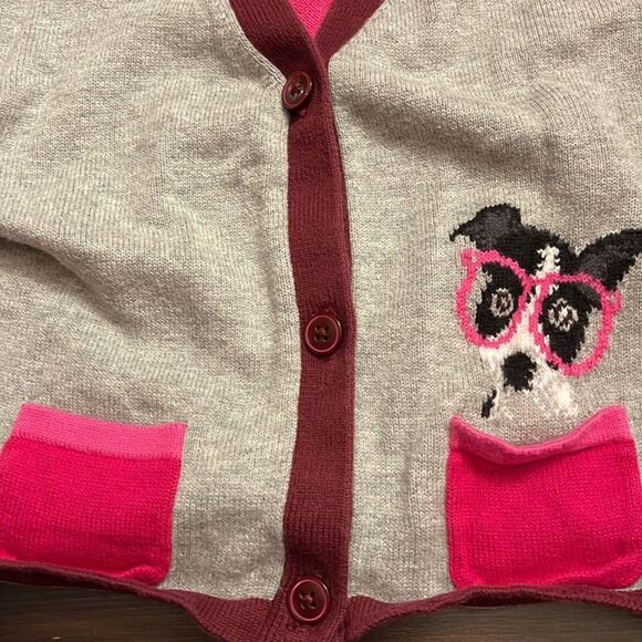 Lands’ End Girls Cropped Gray Pink Cardigan Sweater Dog Glasses Size Medium 5-6 - Picture 3 of 5